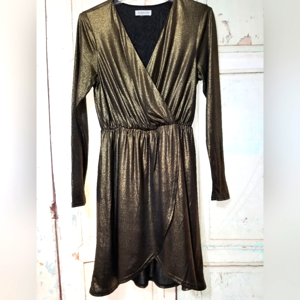 Sugar Lips Gold Shimmer Long Sleeve Dress